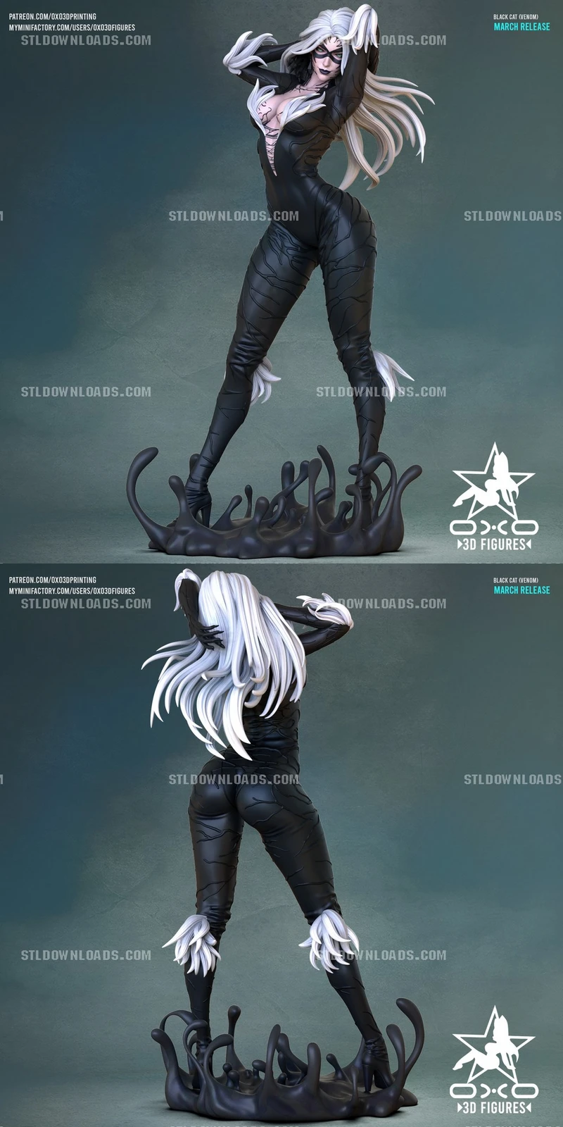 Black Cat Venom Marvel figure with white hair, black suit, and tendril base