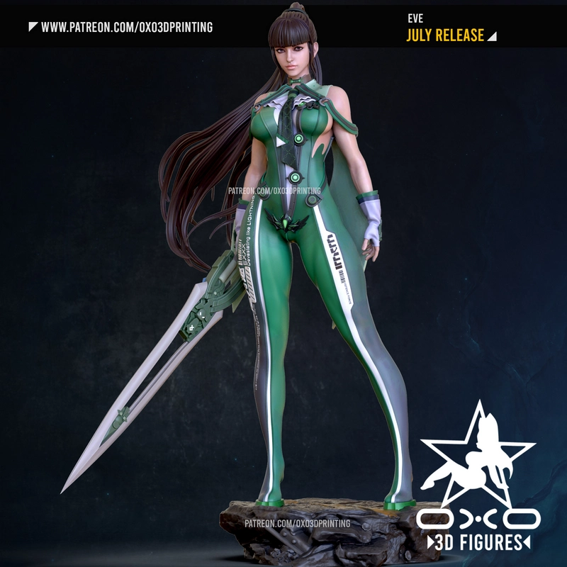 Eve from Stellar Blade in a green suit holding a large sword