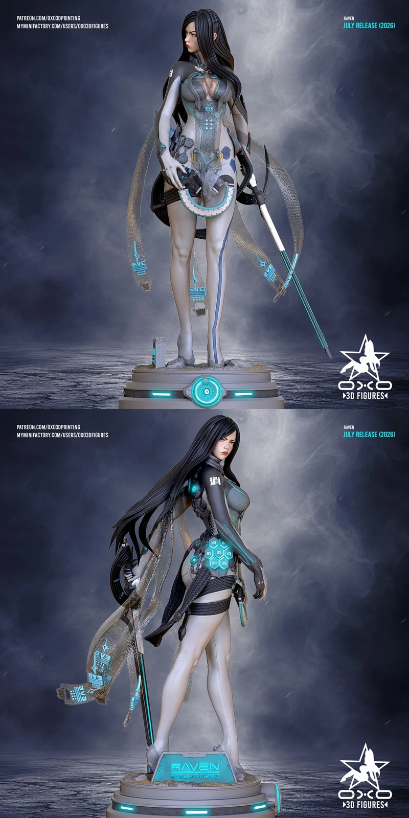 Futuristic female character statue with twin blades on a glowing display base