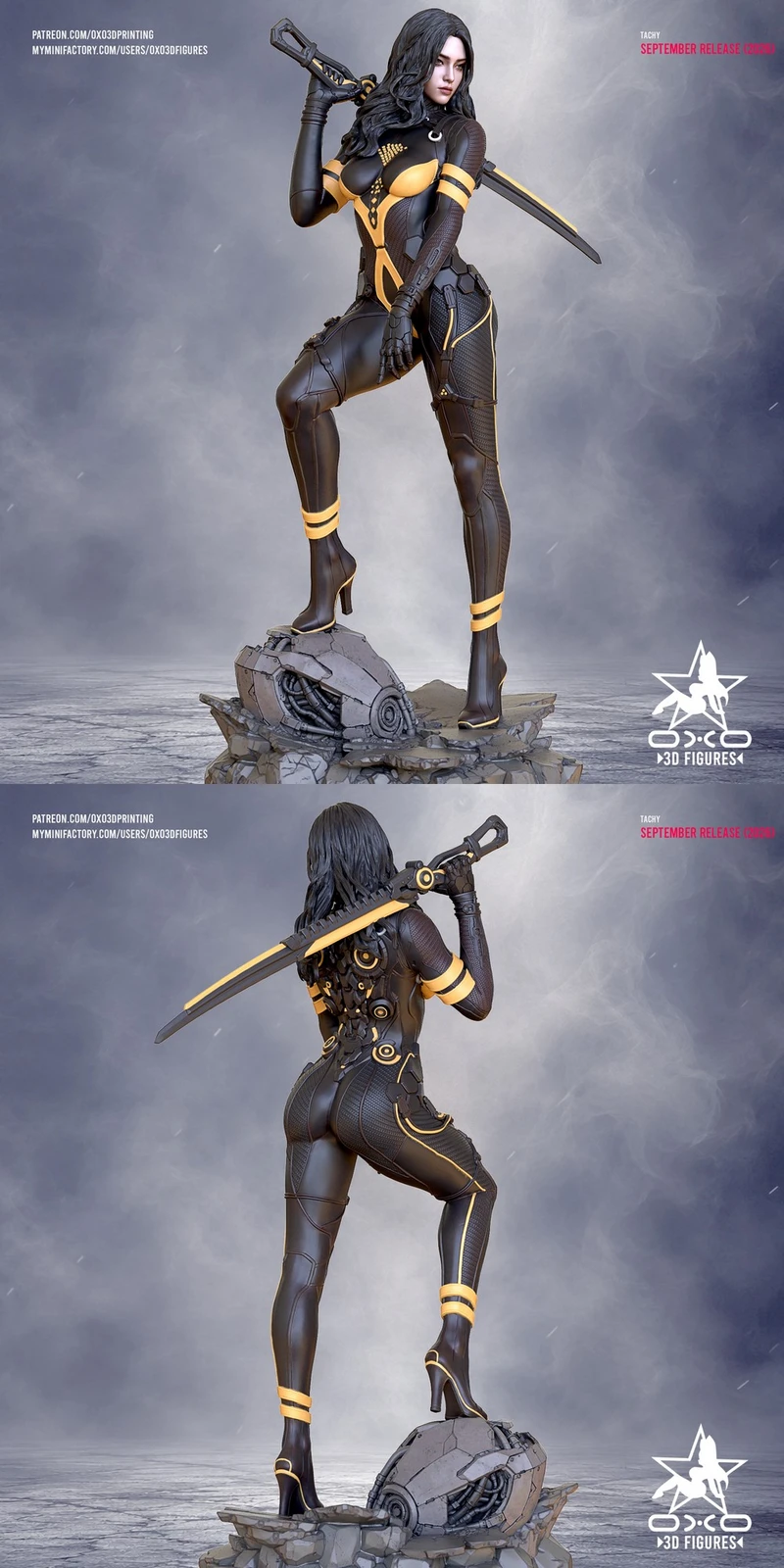 Tachy from Stellar Blade holding a sword on a mechanical display base