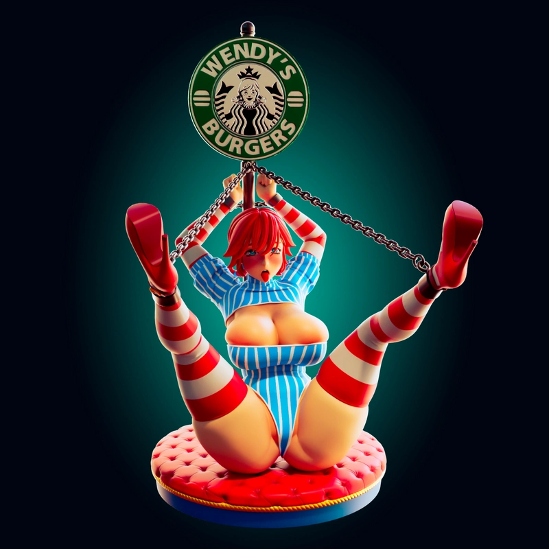 Stylized Wendy's mascot figurine with red hair, striped outfit, and burger sign