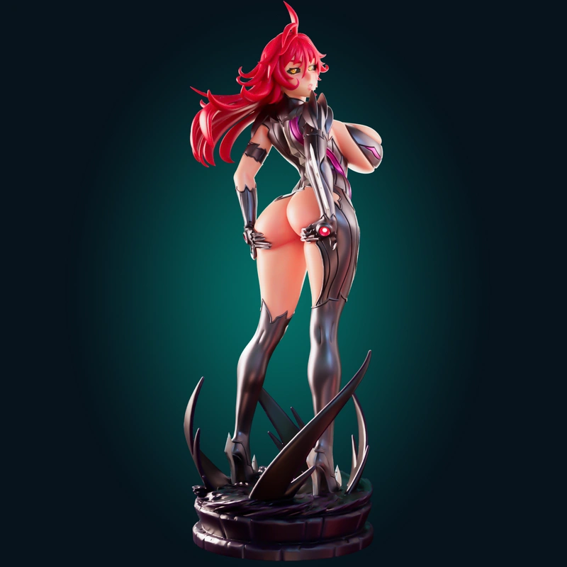 Masane Amaha Witchblade 3D character statue with red hair, armor, boots, and blade-like base
