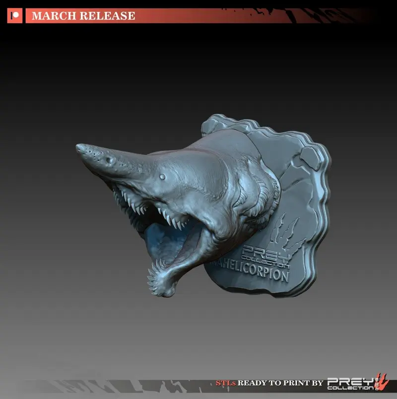 Parahelicorpion creature head relief with open jaws and teeth on a plaque