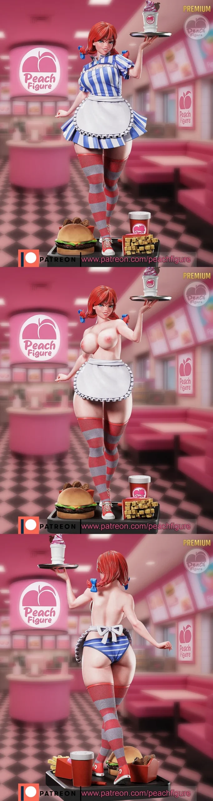 Stylized red-haired waitress character in a striped uniform holding a dessert tray