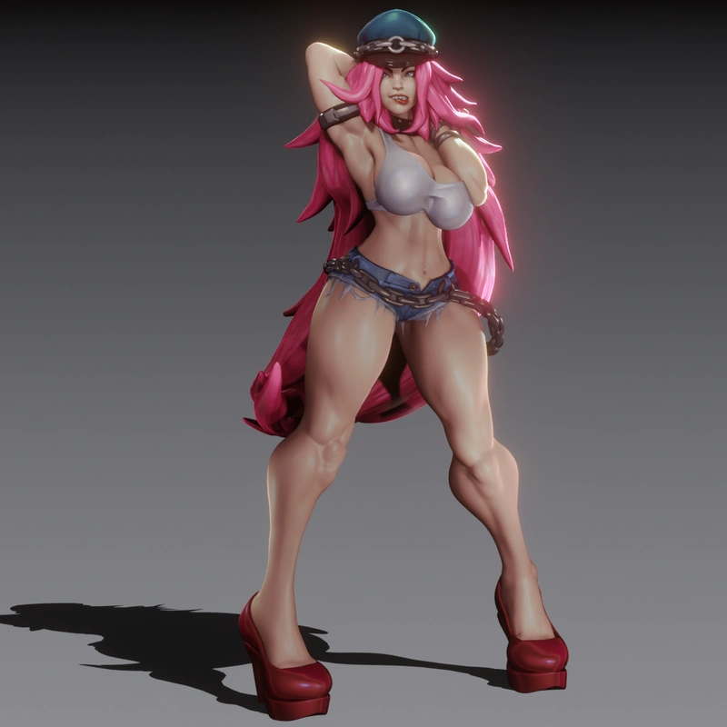 Poison from Final Fight 3D figure with pink hair, cap, chains, and red platform heels