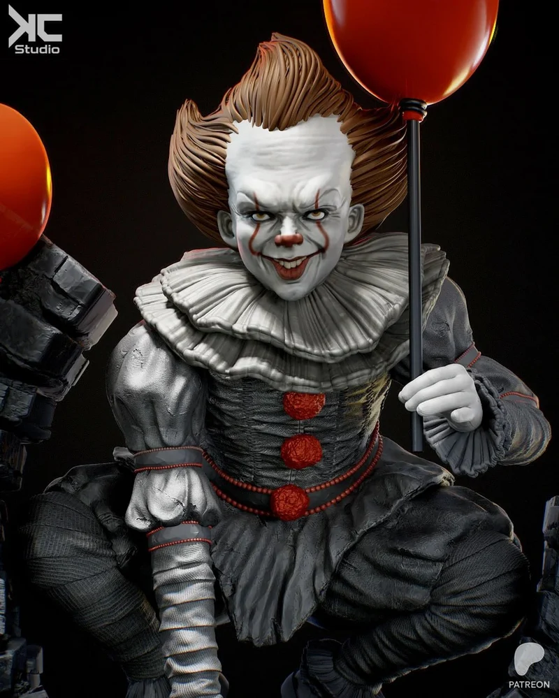 Pennywise seated clown 3D model holding a balloon with red balloons