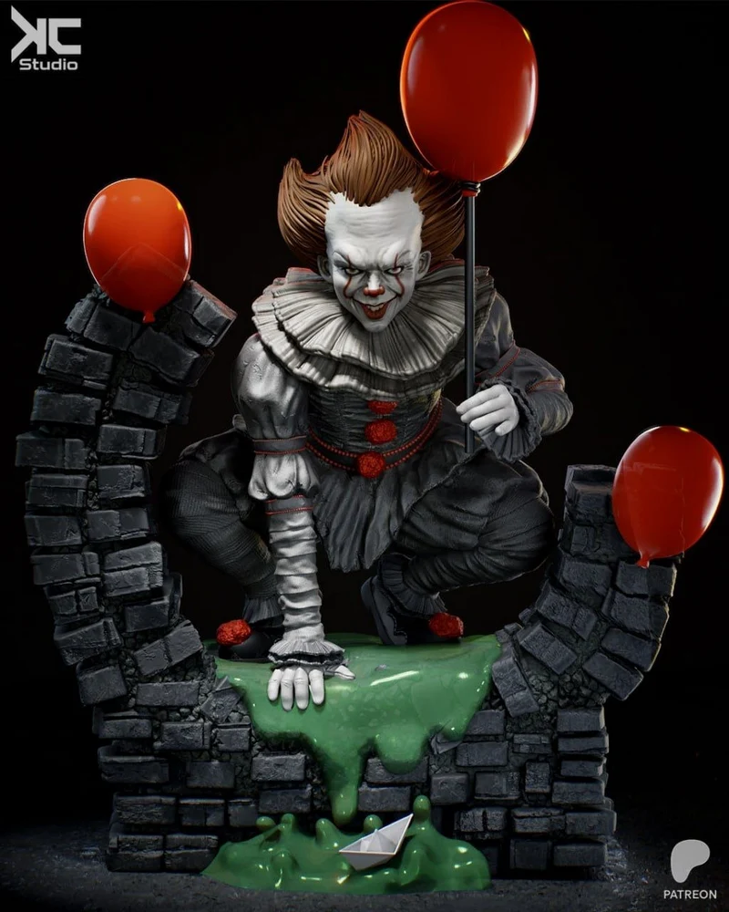 Pennywise IT 3D model with red balloons, slime, paper boat, and brick wall