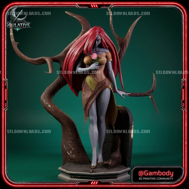 Sally statue with red hair, patchwork dress, rose, and twisted tree branches