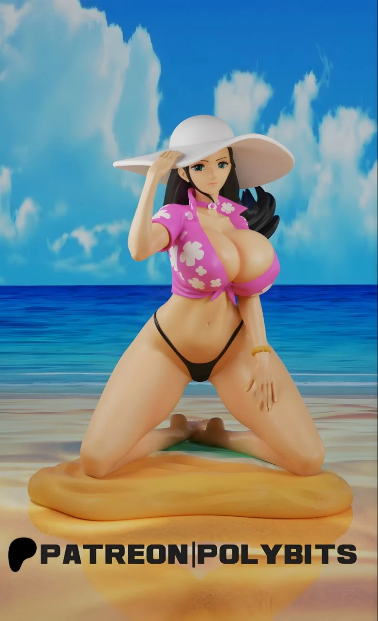 Nico Robin One Piece 3D figurine kneeling on a beach base