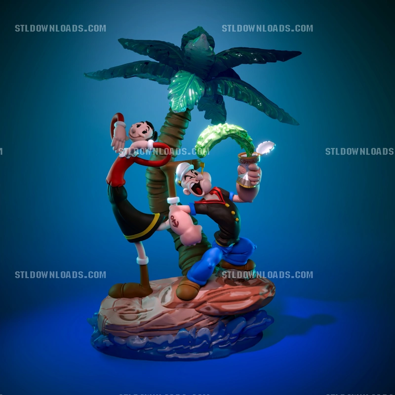 Popeye and Olive Oyl statue with a palm tree, spinach can, and wave base