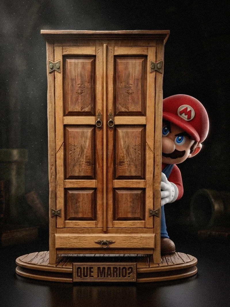 Mario peeking from behind a carved wooden wardrobe in a display diorama