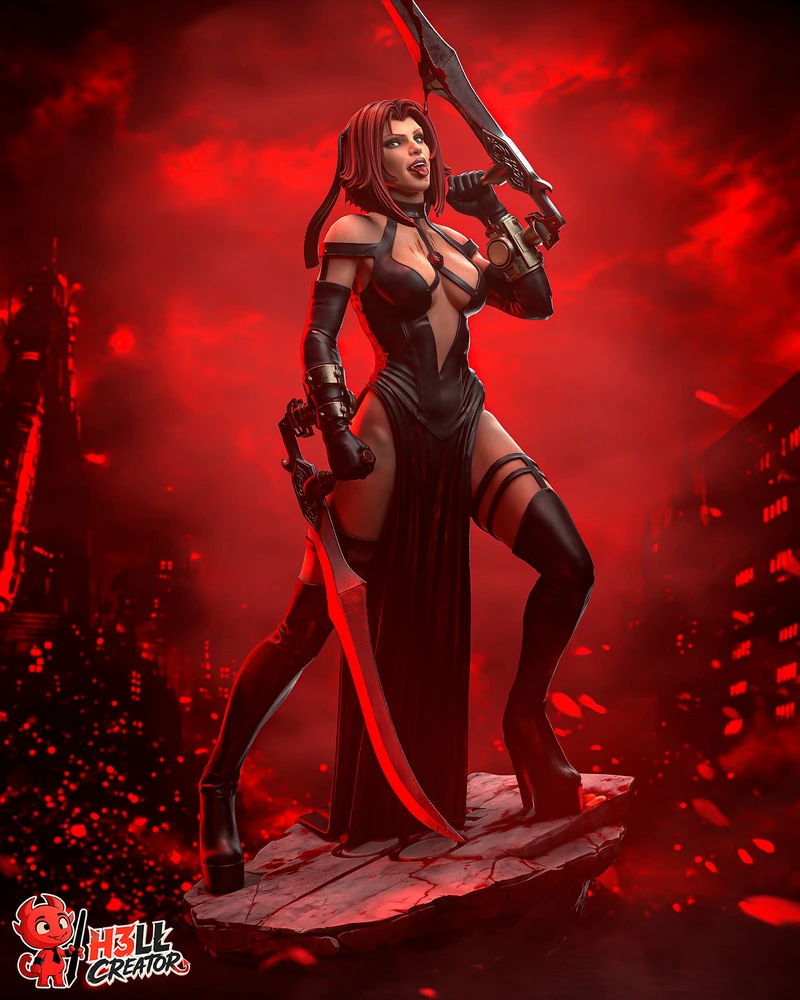 Rayne from BloodRayne holding curved blades on a rocky base