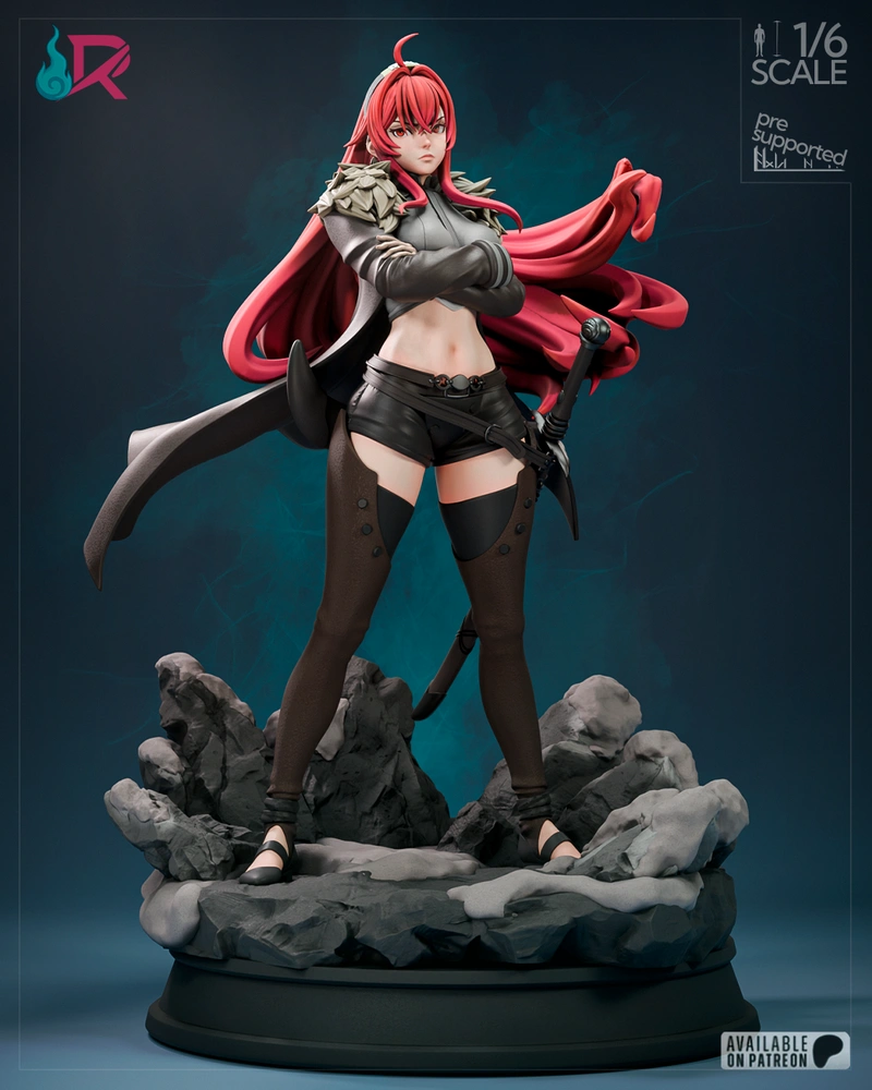 Eris Greyrat anime statue with red hair, sword, and rocky base