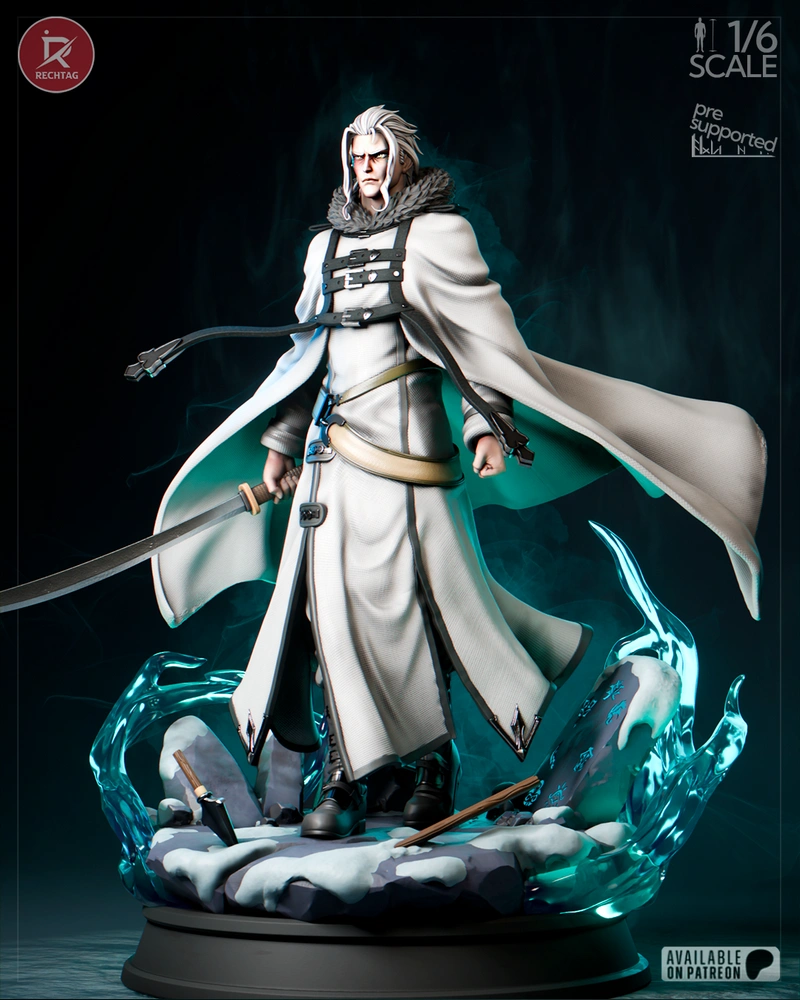 Orsted from Mushoku Tensei in a white cloak with a sword and blue effects