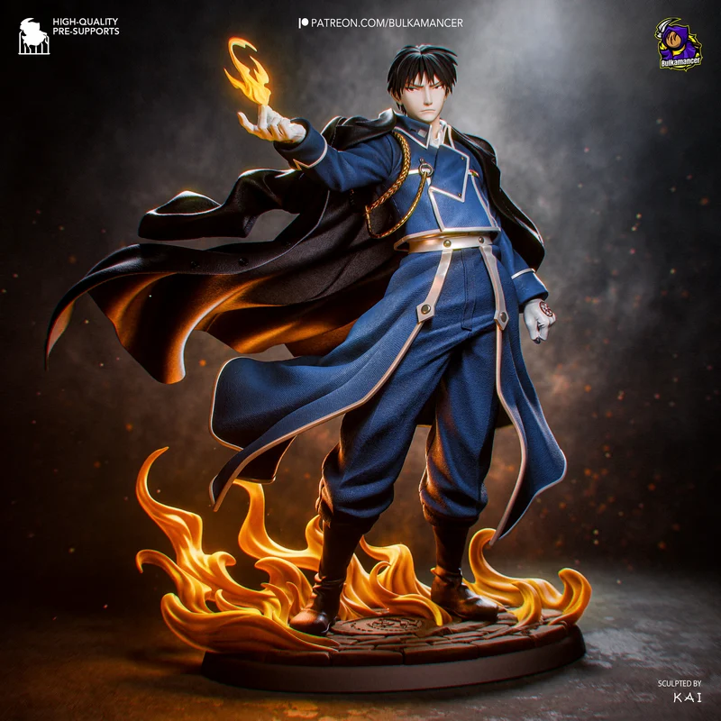 Roy Mustang Fullmetal Alchemist statue with raised hand and flame effect