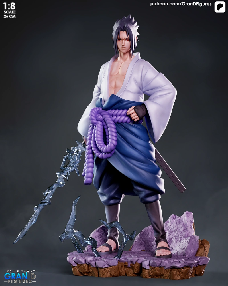 Sasuke Uchiha Naruto 3D statue with sword, rope belt, lightning effects, and rocky base