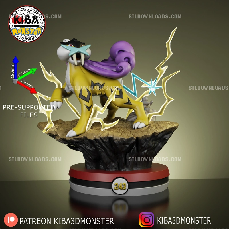 Raikou Pokémon statue with purple mane, lightning effects and rocky display base