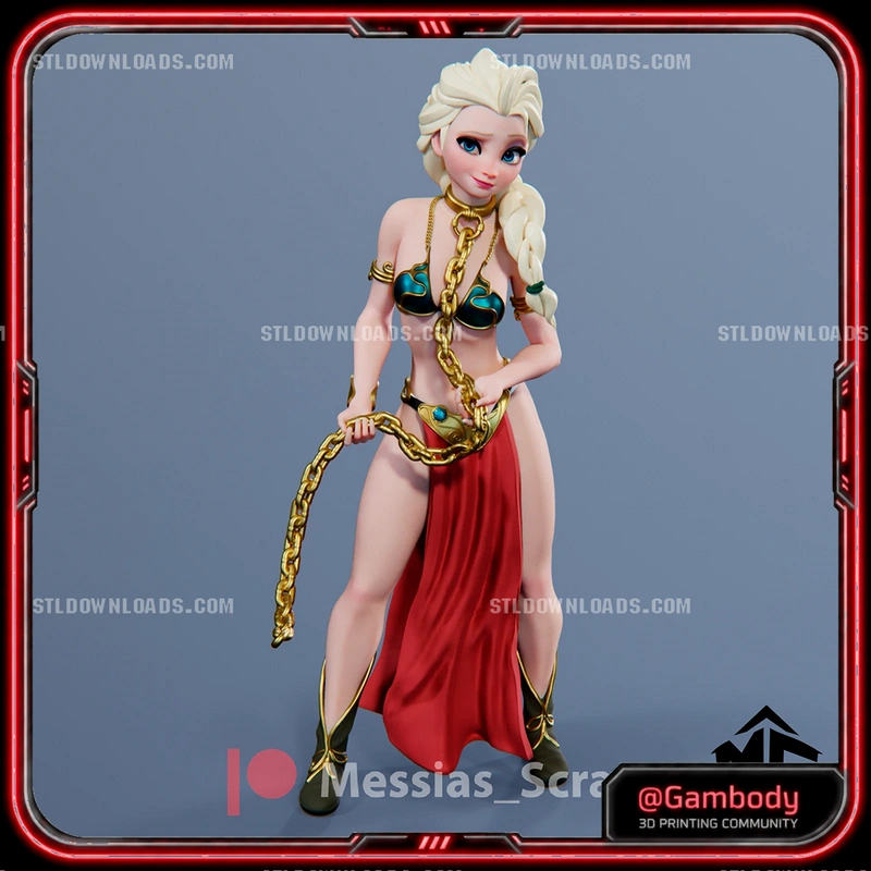 Elsa from Frozen stylized 3D figurine with braid, red skirt, gold jewelry, and chain