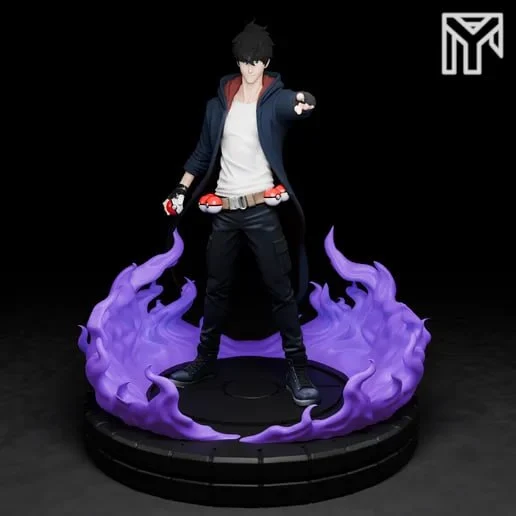Sung Jinwoo Pokémon Trainer figure with Poké Balls and purple flames