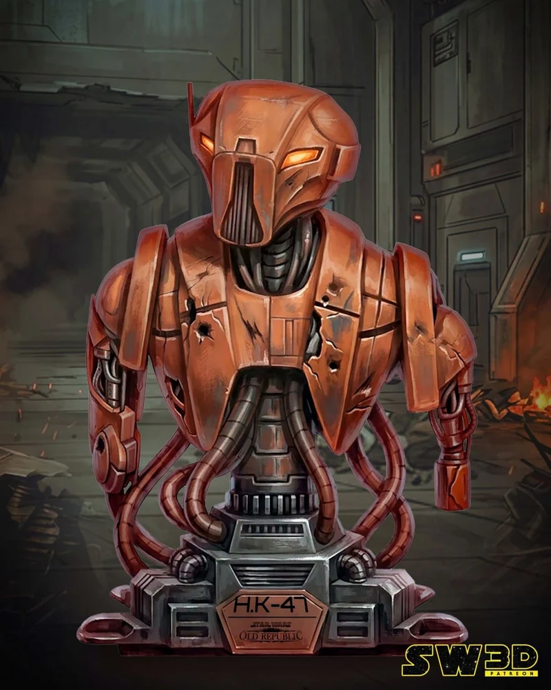 HK-47 Star Wars droid bust with orange armor and mechanical display base