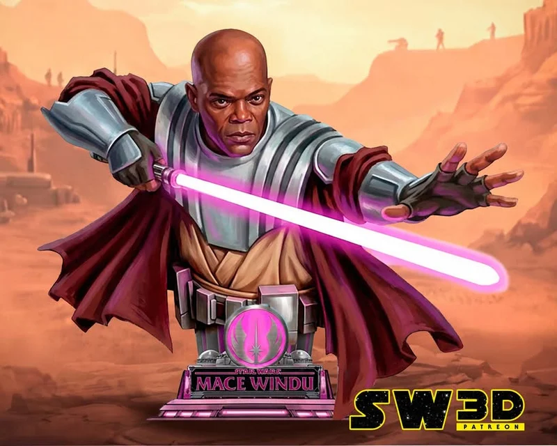 Mace Windu Star Wars bust 3D model with silver armor and burgundy cloak