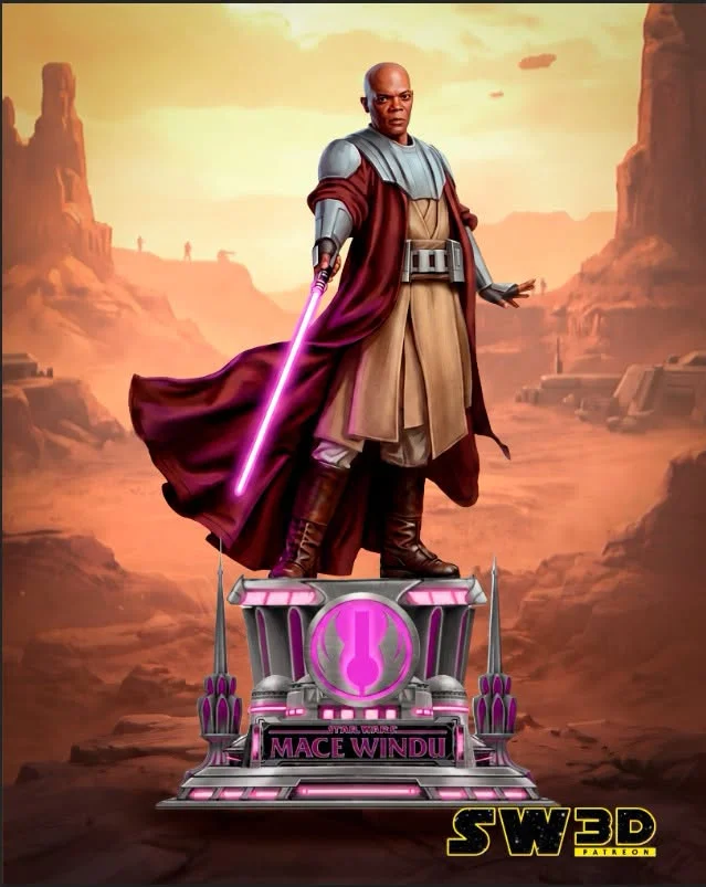 Mace Windu Star Wars sculpture with purple lightsaber on display pedestal