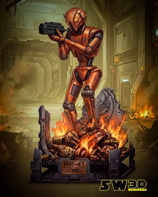 HK-47 droid sculpture holding a blaster above wreckage and flames