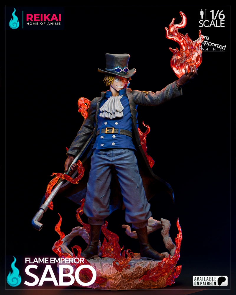 Sabo Flame Emperor One Piece 3D model with top hat, pipe, and flames