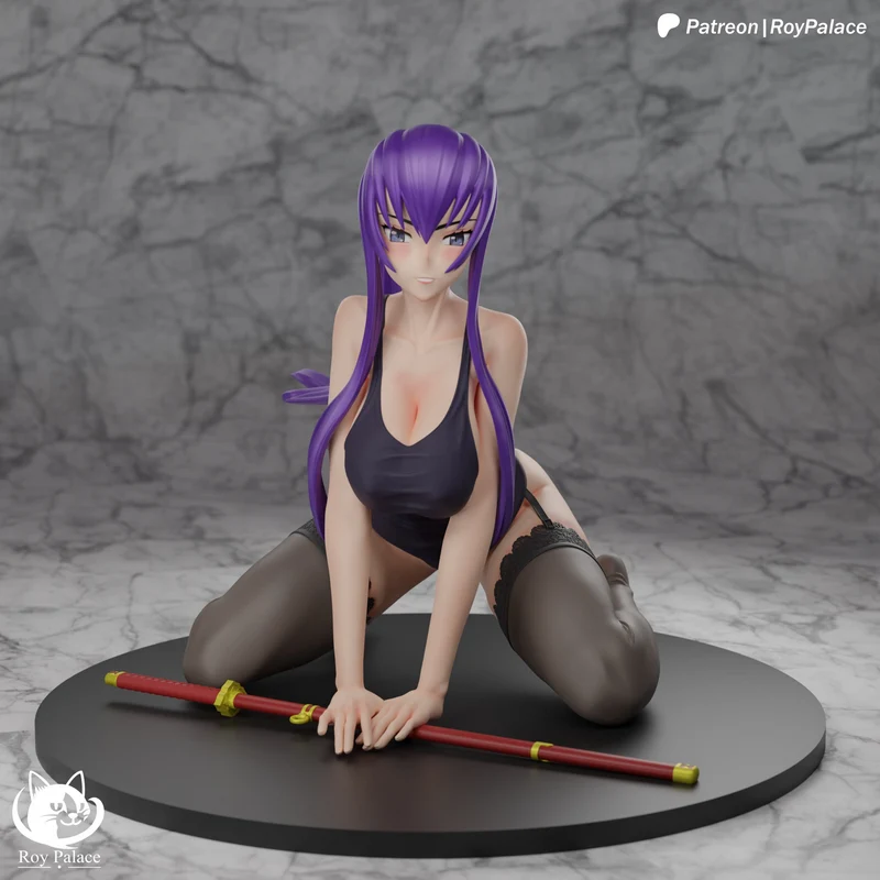 Saeko Busujima 3D statue kneeling with a katana on a display base