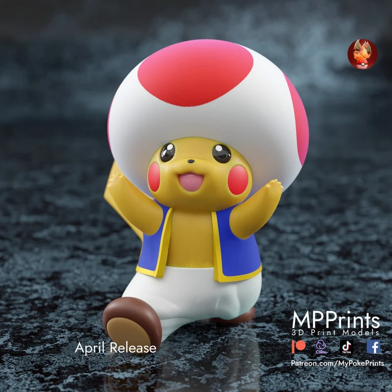 Pikachu dressed as Toad with a red-spotted mushroom cap and blue vest