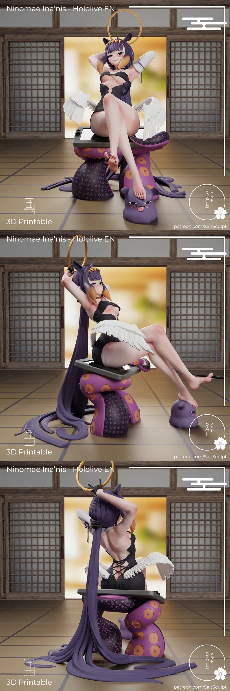 Ninomae Ina’nis Hololive 3D printable figure with wings and tentacled base