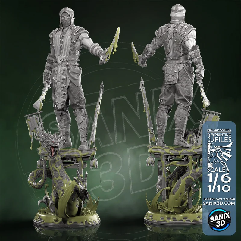 Reptile from Mortal Kombat as an armored statue on a reptilian base