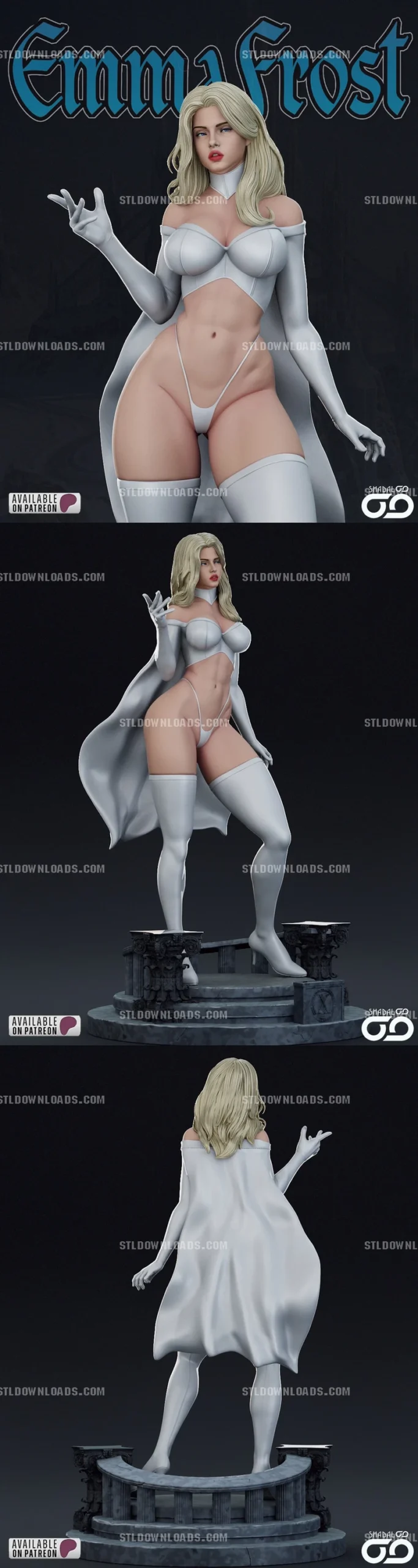 Emma Frost Marvel character statue in a white costume with cape and pedestal
