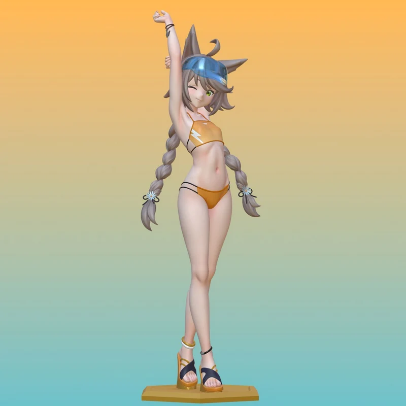 Otohi from Blue Archive 3D character figurine with braids, pointed ears, raised arm, orange swimsuit, sandals, and base