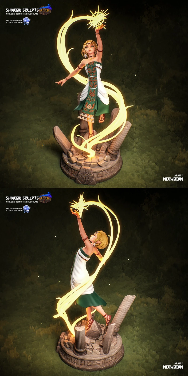 Princess Zelda statue with glowing crescent effects on a carved pedestal