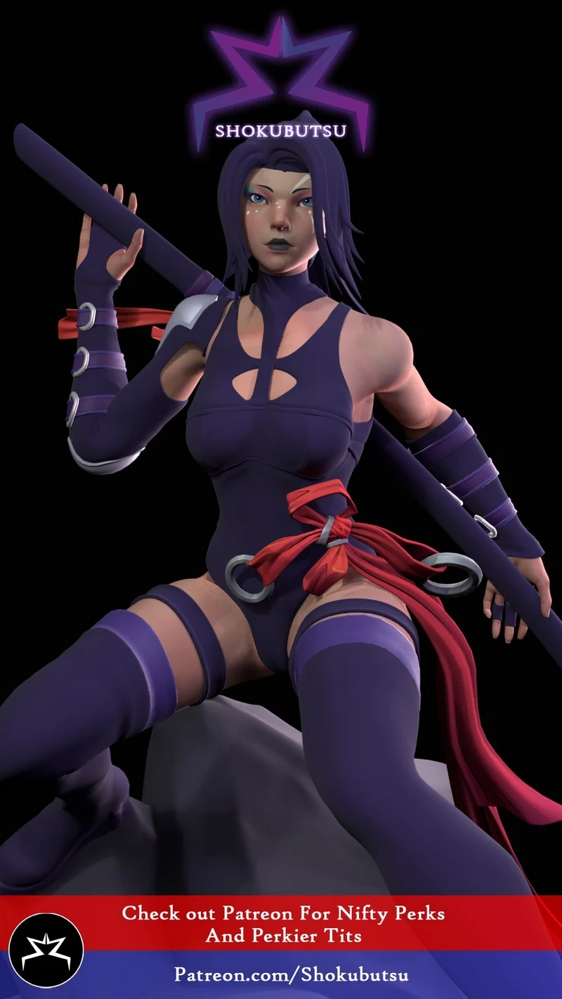 Stylized Psylocke Marvel character model with sword and red sash