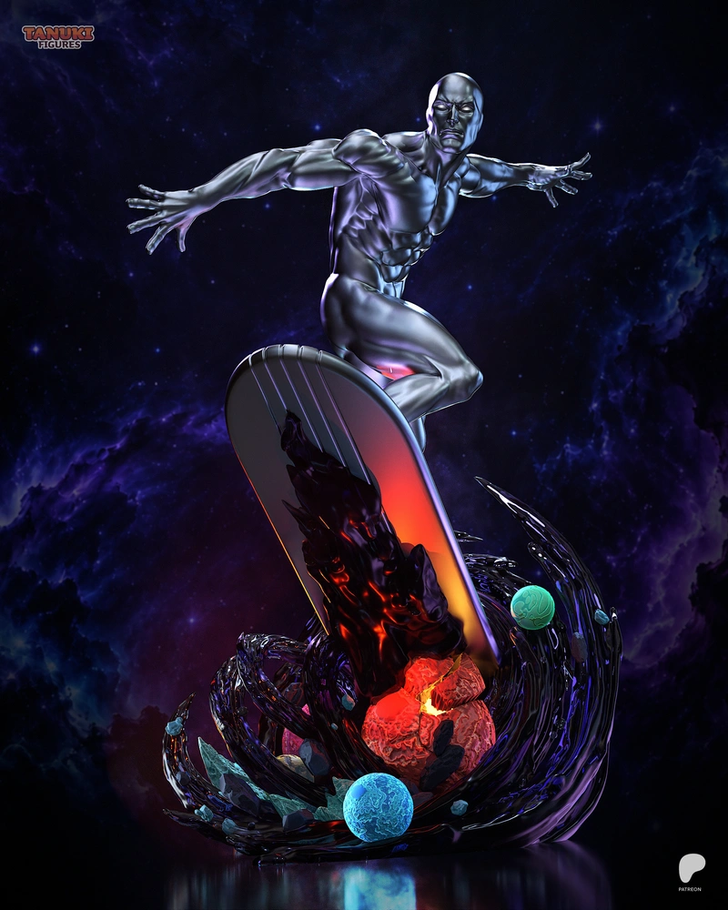 Silver Surfer crouching on a cosmic surfboard above a glowing sculptural base