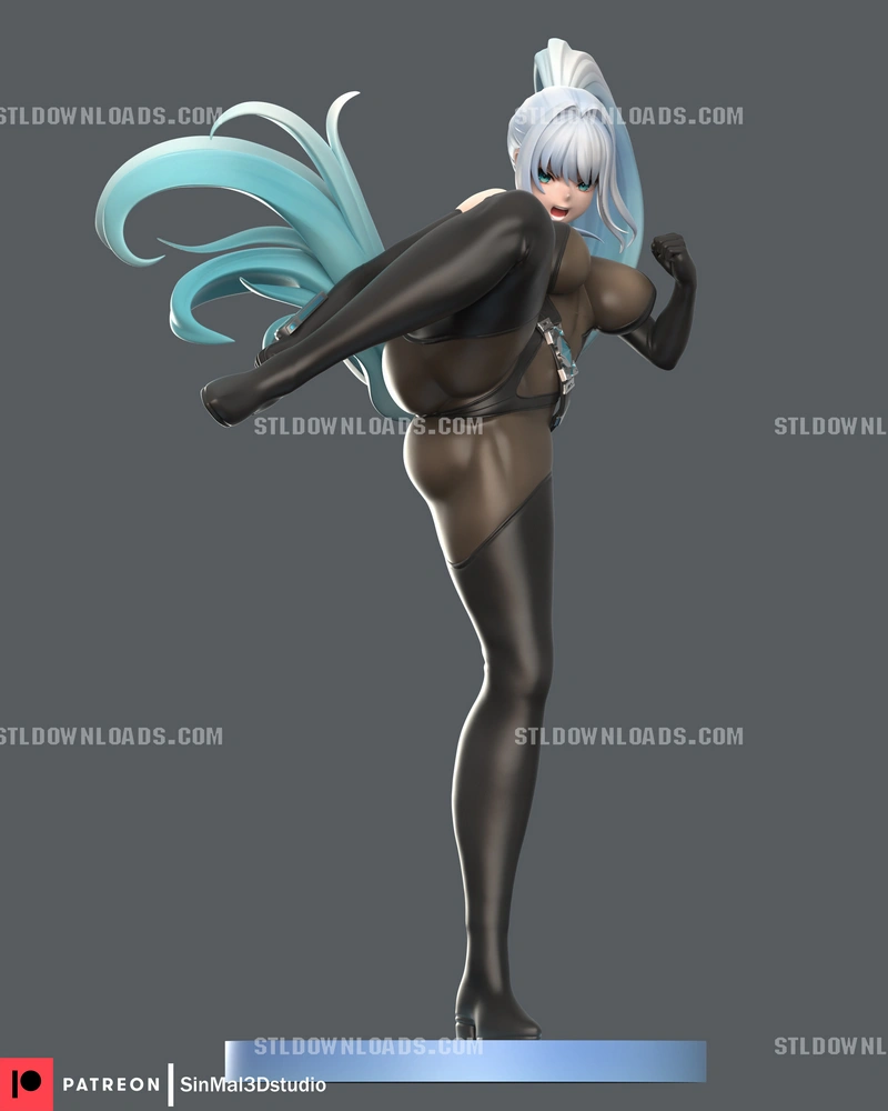Ark Ranger Black in a black outfit and dynamic kick pose with flowing cyan hair
