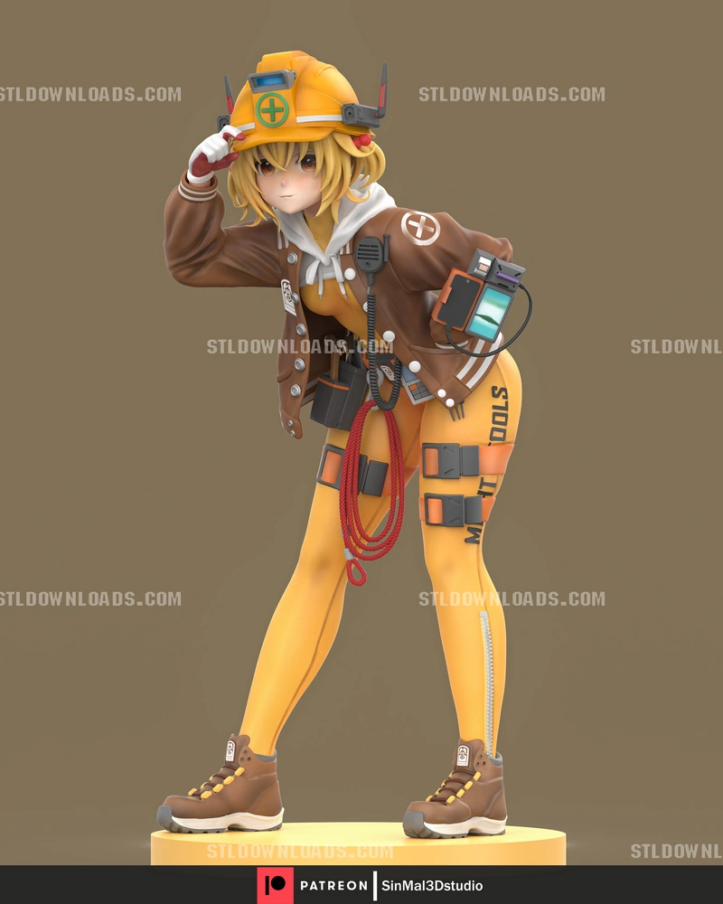 Liter from Goddess of Victory: Nikke in yellow workwear and an orange helmet