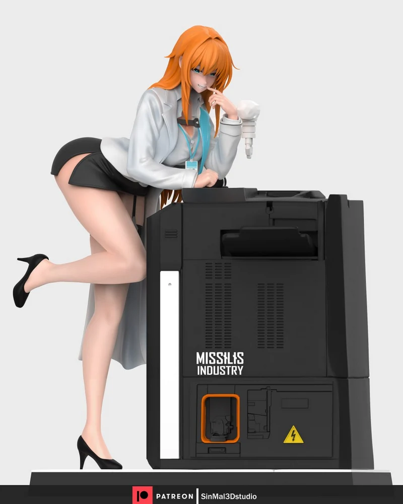 Maxwell from Goddess of Victory: Nikke posed beside a Missilis Industry machine