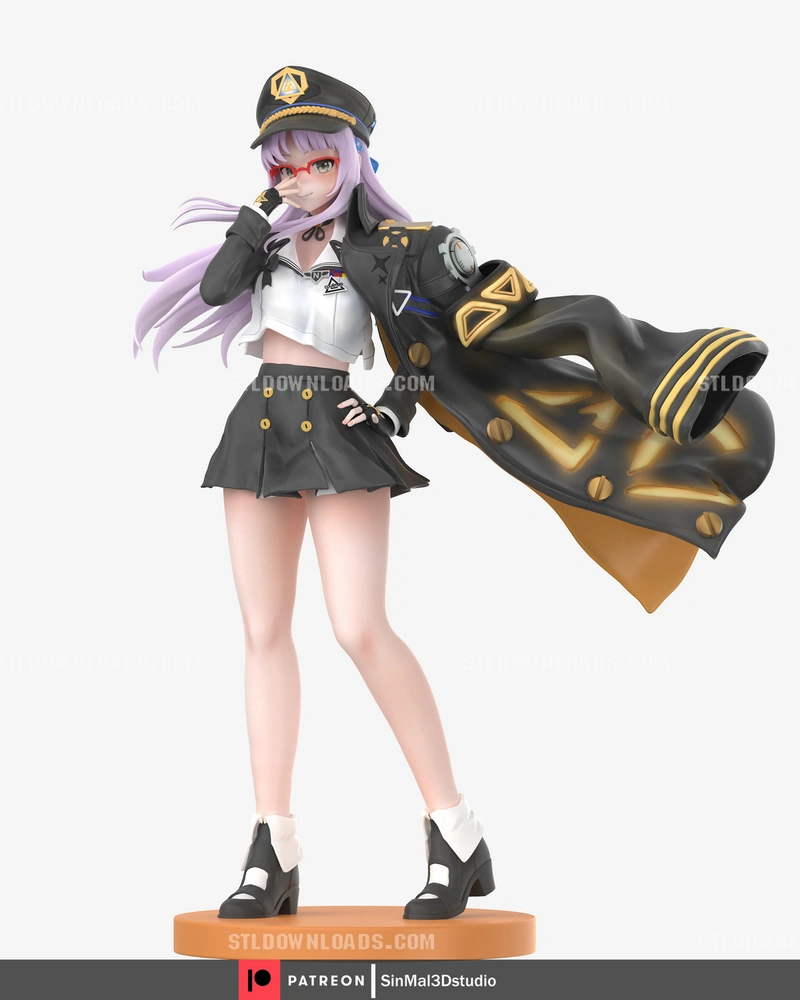 Goddess of Victory Nikke character figure with lilac hair, cap, red glasses and flowing black coat