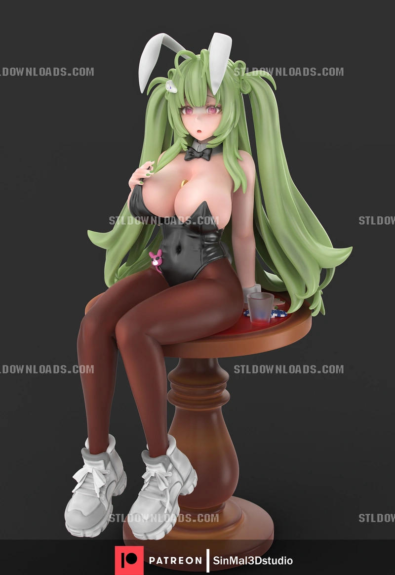 Soda from Goddess of Victory: Nikke as a green-haired bunny character on a wooden pedestal