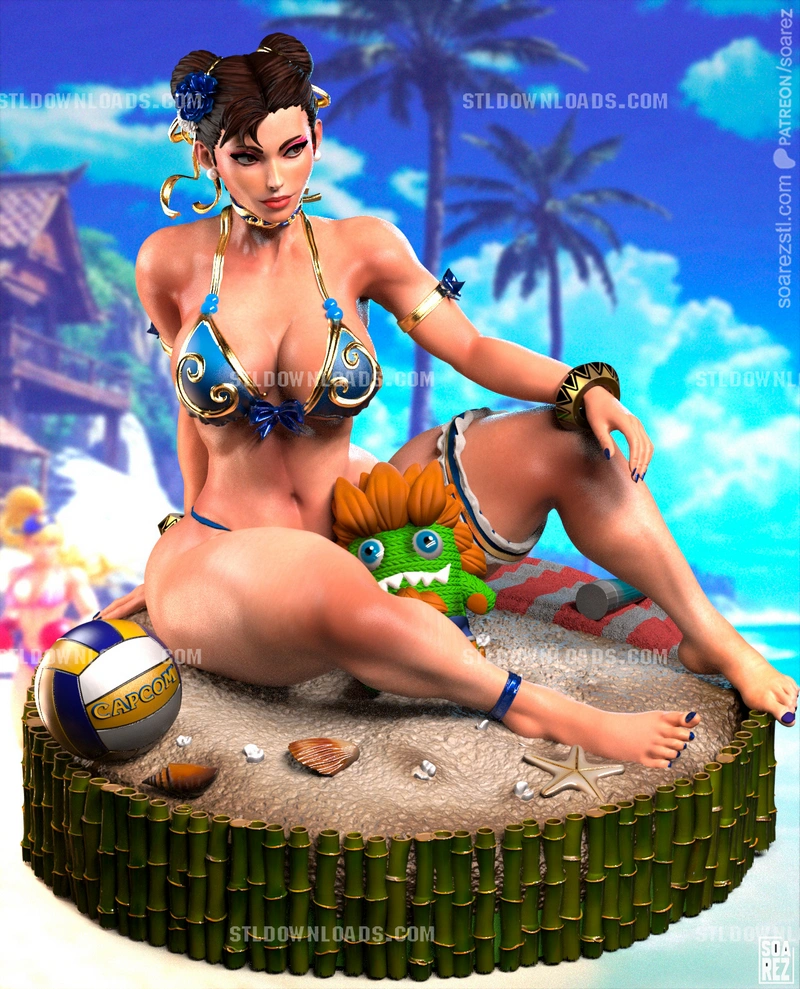 Chun-Li Street Fighter beach diorama 3D model with volleyball and tropical base