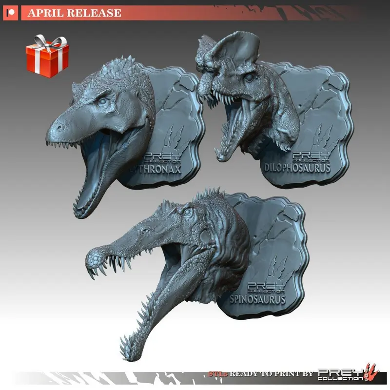 Three dinosaur-like creature head busts with open jaws, teeth, scales, and display plaques