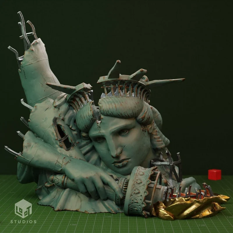 Stylized Statue of Liberty dice roller 3D model with crown spikes and a red die
