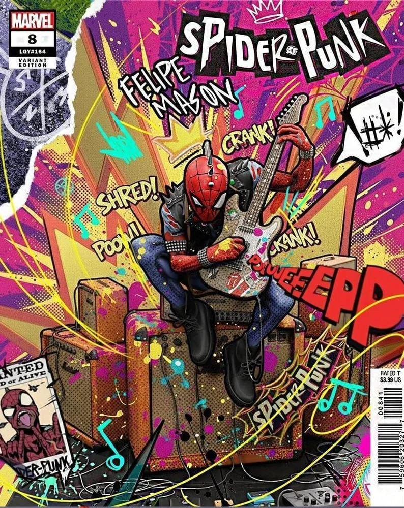 Spider-Punk playing a decorated electric guitar on a colorful Marvel comic cover