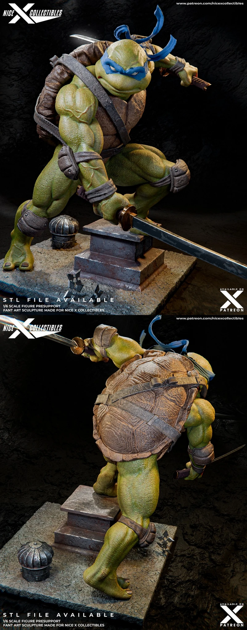 Leonardo Teenage Mutant Ninja Turtles statue with blue mask and katanas