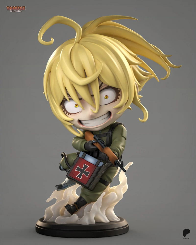 Chibi Tanya the Evil figurine with a rifle, satchel, uniform, and smoke base