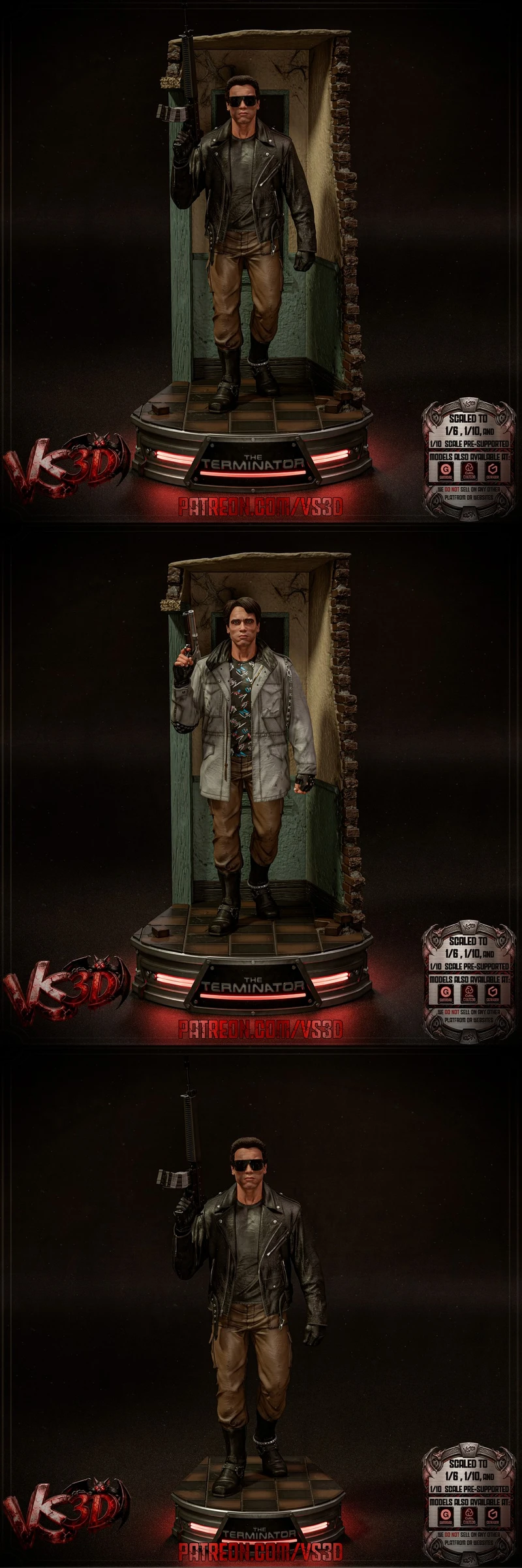 The Terminator statue with sunglasses, leather jacket, weapons, and a doorway display base