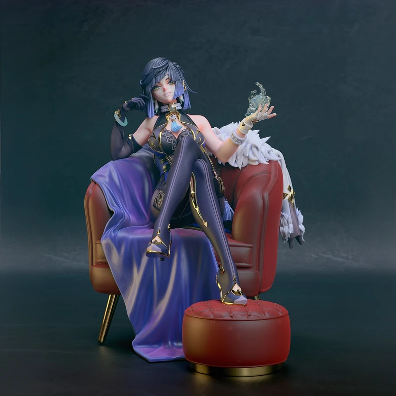 Yelan from Genshin Impact seated in a red armchair with an ottoman